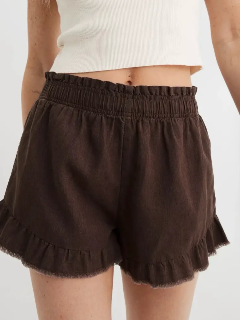 aerie Ruffle-Hem High Waist Shorts in Dark Brown